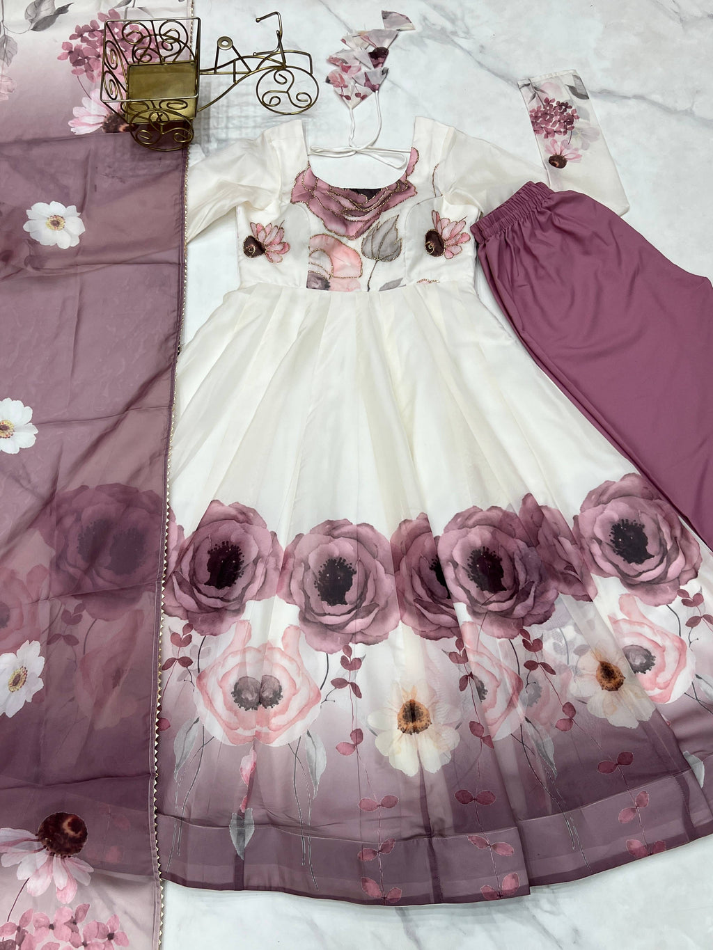 Mauve & White Floral Organza Silk Anarkali Suit with Badla Jari