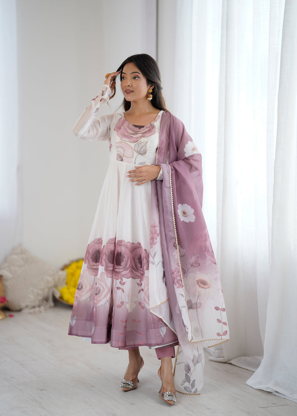 Mauve and white floral printed organza silk Anarkali kurta set with Badla Jari work
