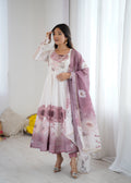 Mauve and white floral printed organza silk Anarkali kurta set with Badla Jari work