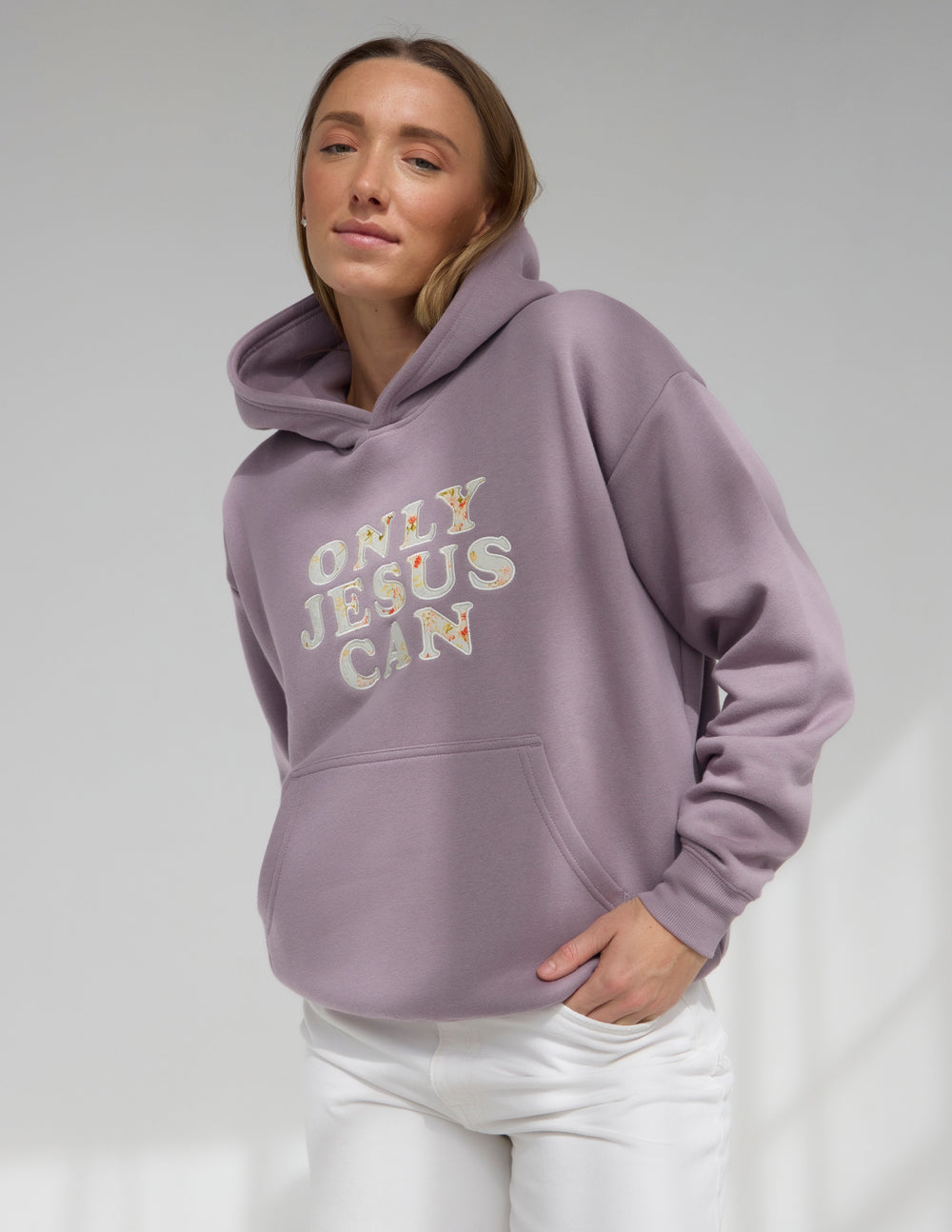 Only Jesus Unisex Hoodie in Purple Dove with Floral Appliqué