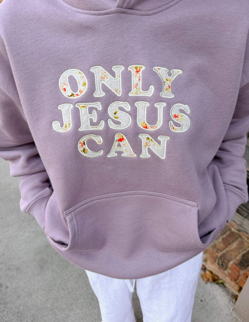Only Jesus Unisex Hoodie in Purple Dove with Floral Appliqué
