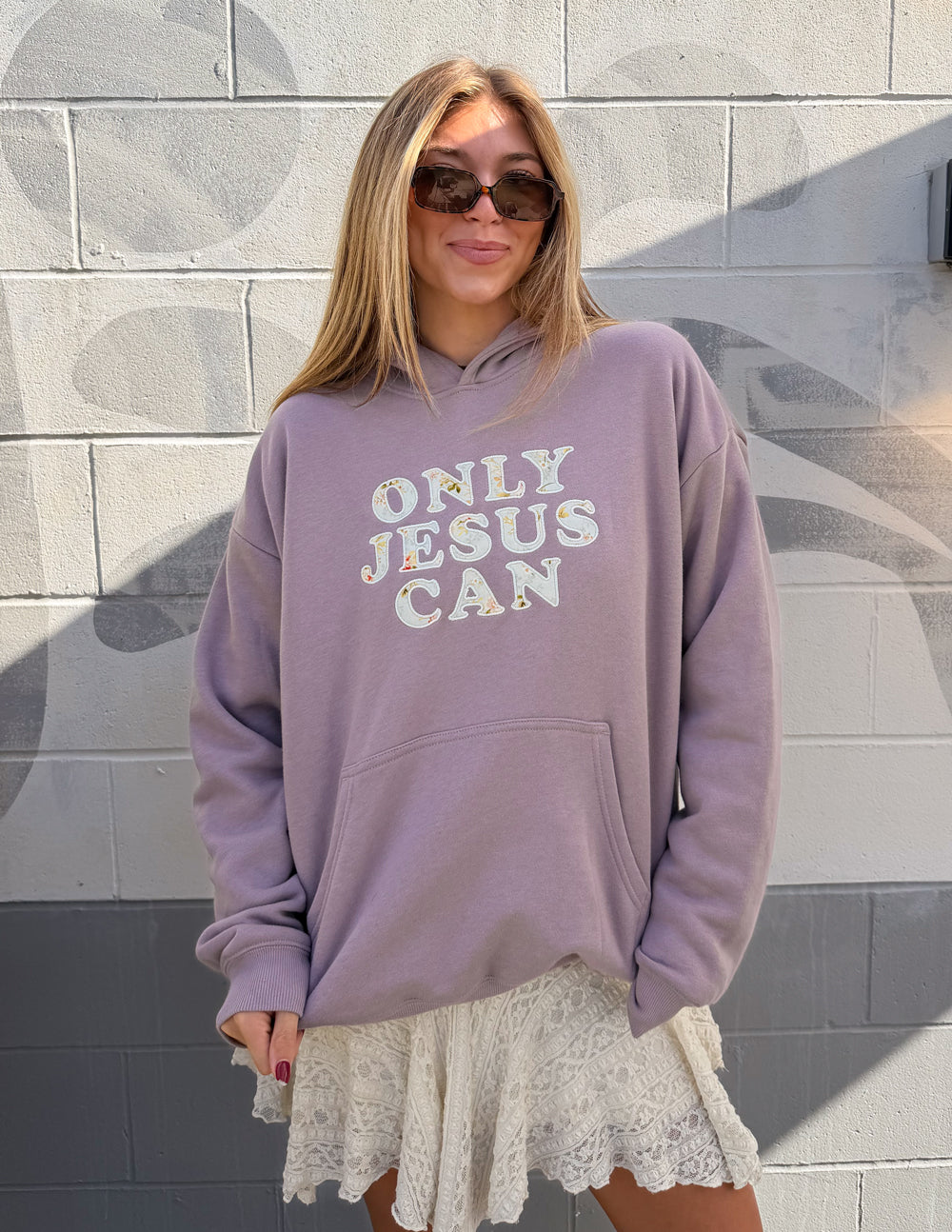 Only Jesus Unisex Hoodie in Purple Dove with Floral Appliqué
