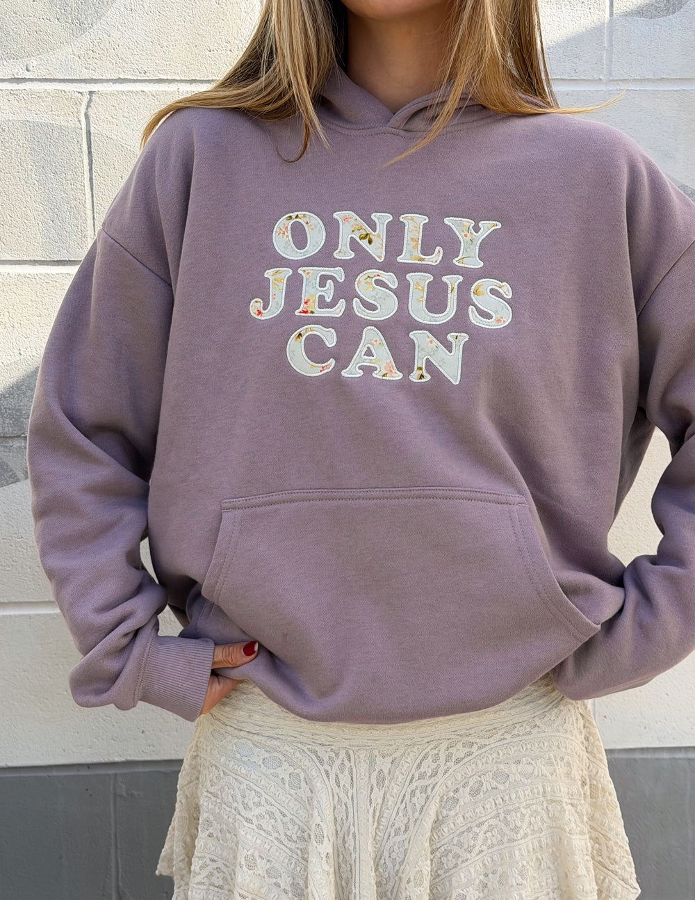 Only Jesus Unisex Hoodie in Purple Dove with Floral Appliqué