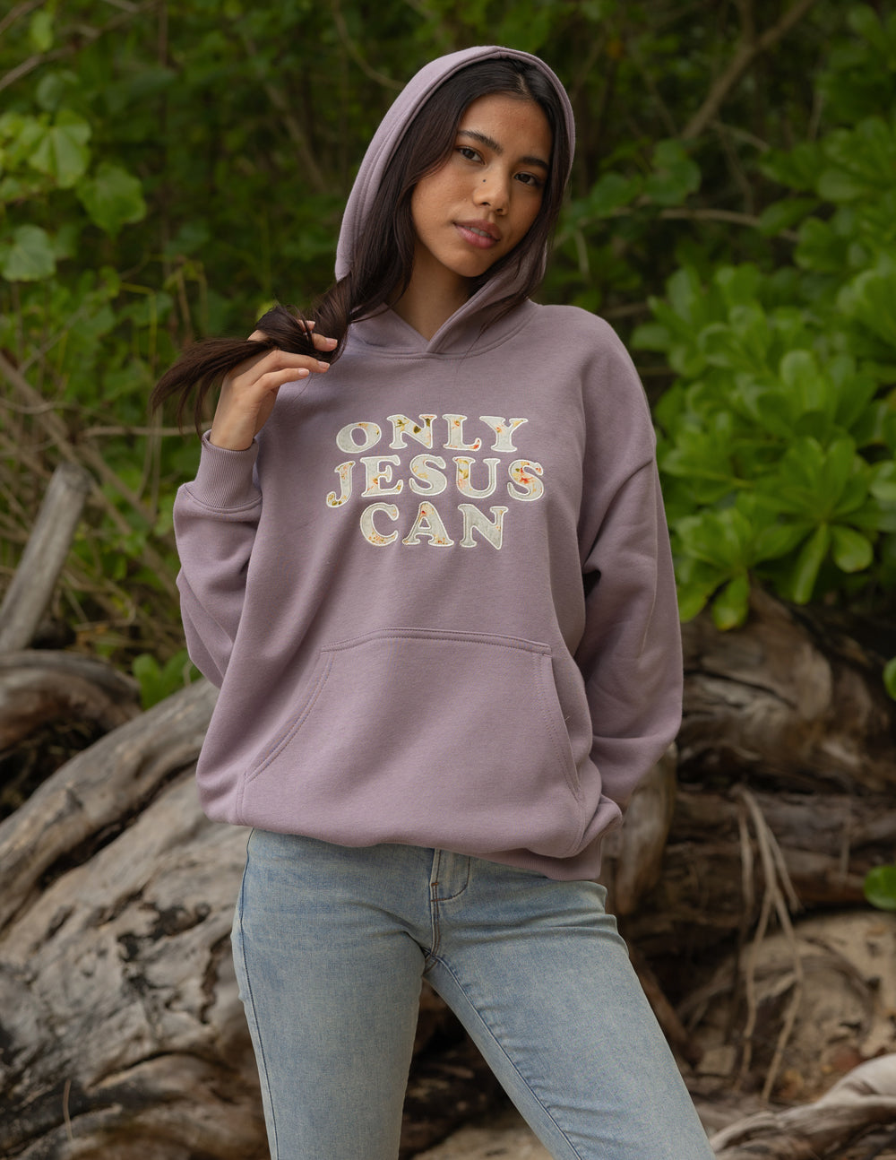 Only Jesus Unisex Hoodie in Purple Dove with Floral Appliqué