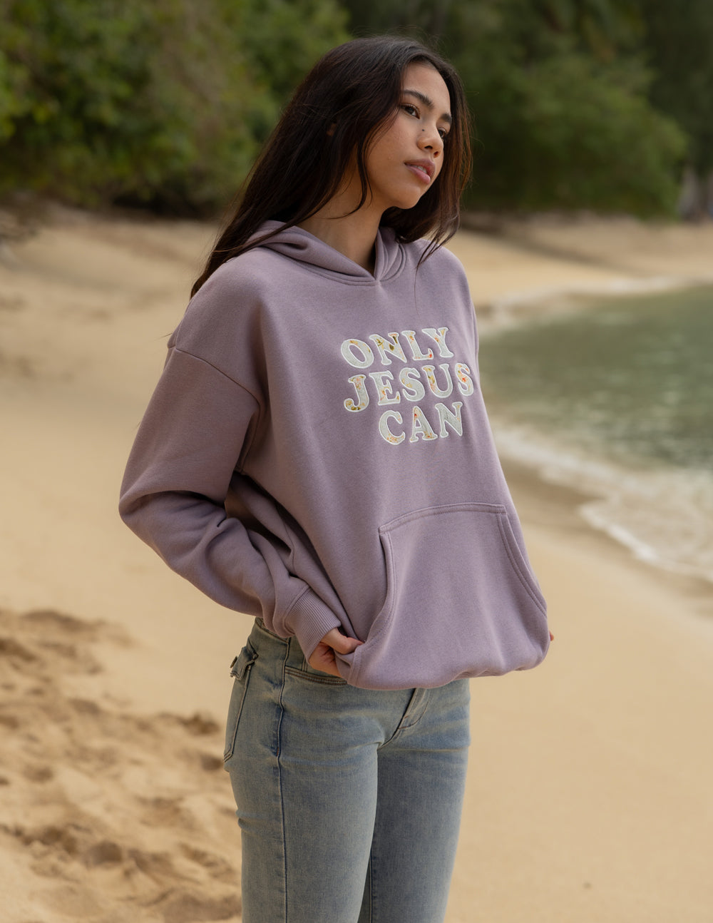 Only Jesus Unisex Hoodie in Purple Dove with Floral Appliqué