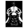 A black and white graphic art print titled The Only Way Out Is Through featuring hands holding a brain and a blooming flower.