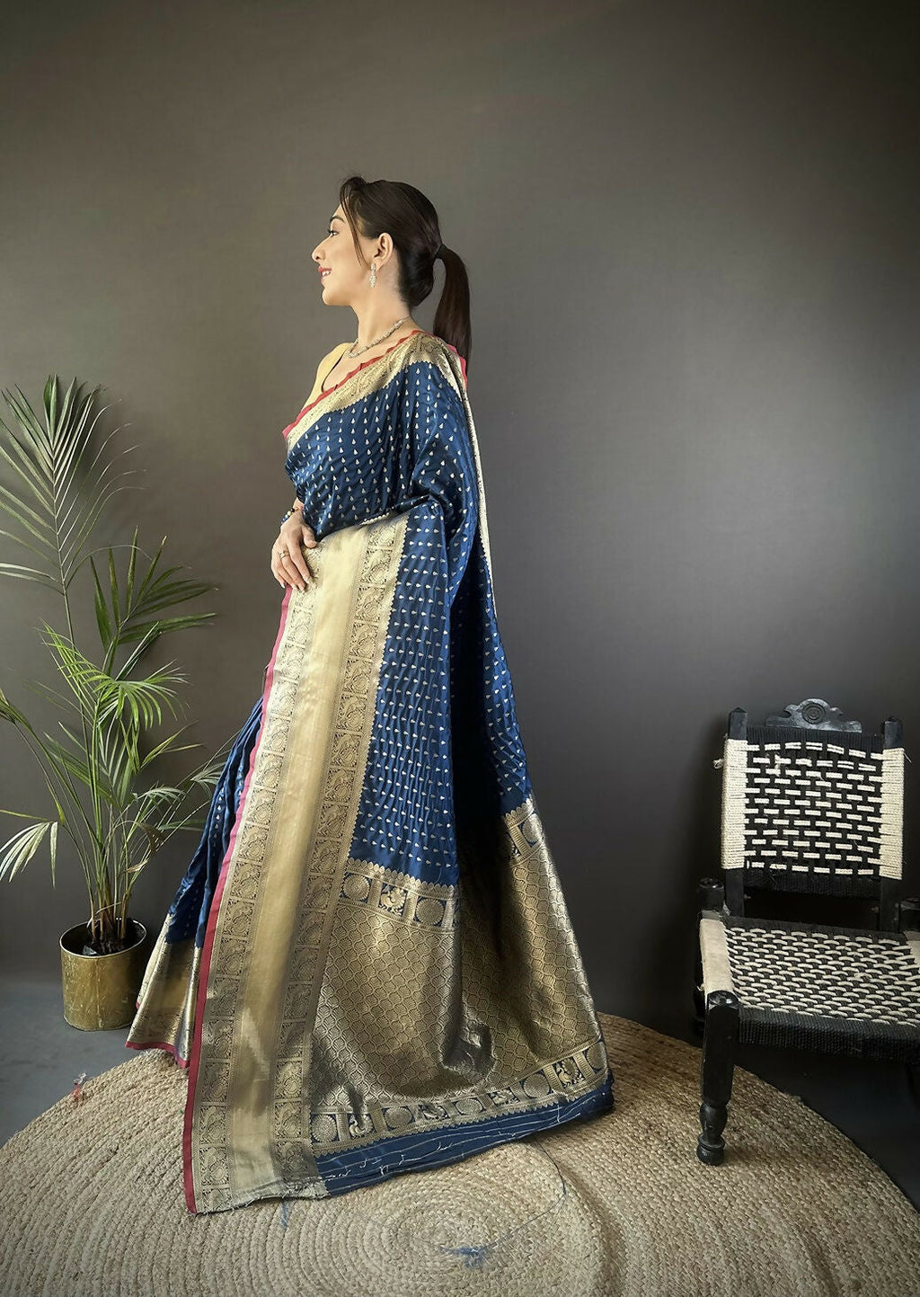 Navy Blue Banarasi Silk Saree with Small Butti Pattern