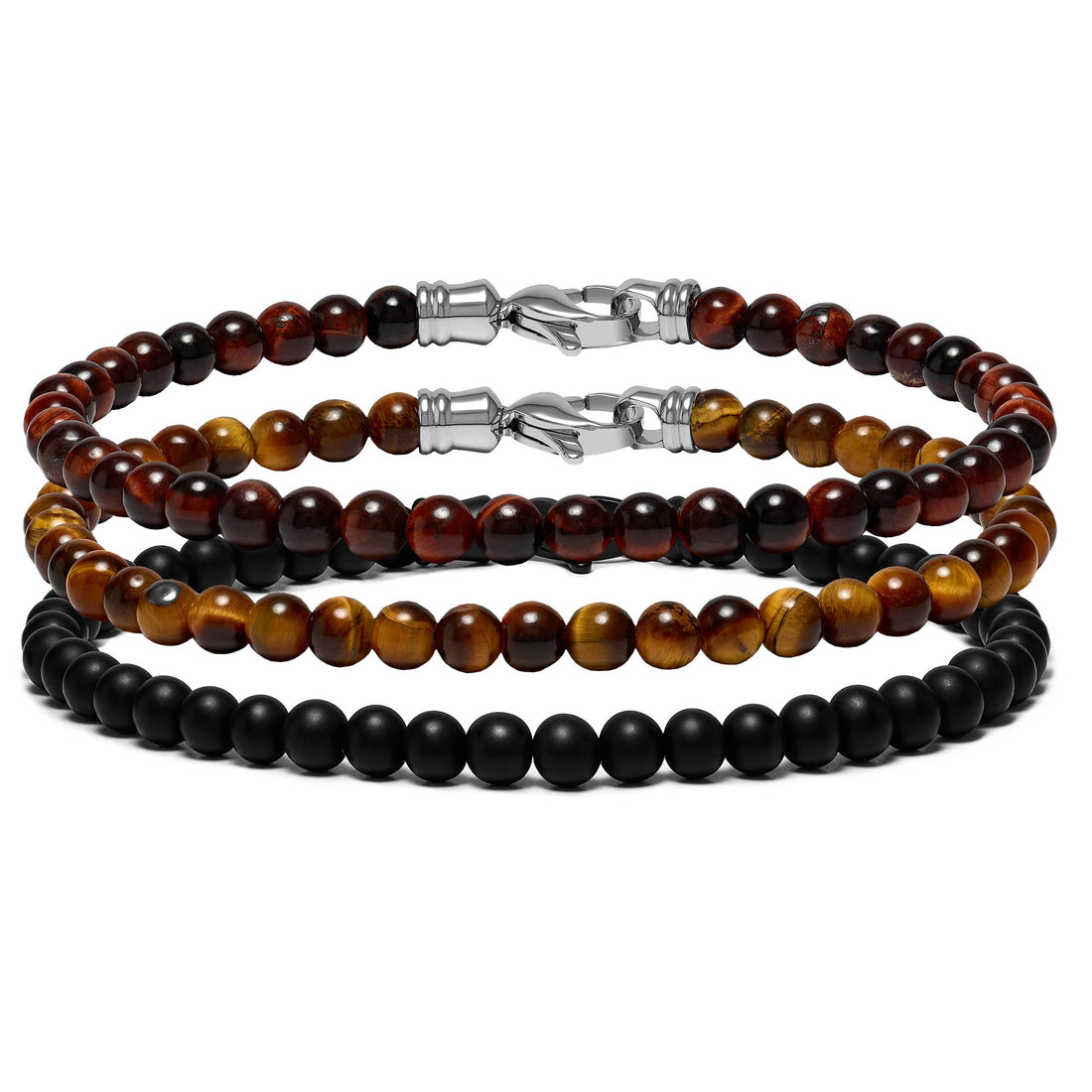 Close up of 4mm Spiritual Bead Set Triple Stack bracelet in neutral tones