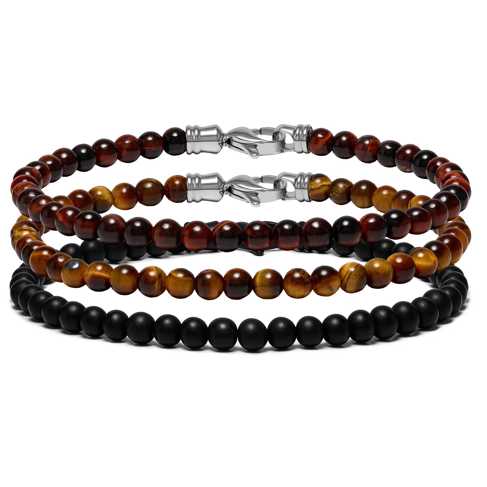 Close up of 4mm Spiritual Bead Set Triple Stack bracelet in neutral tones
