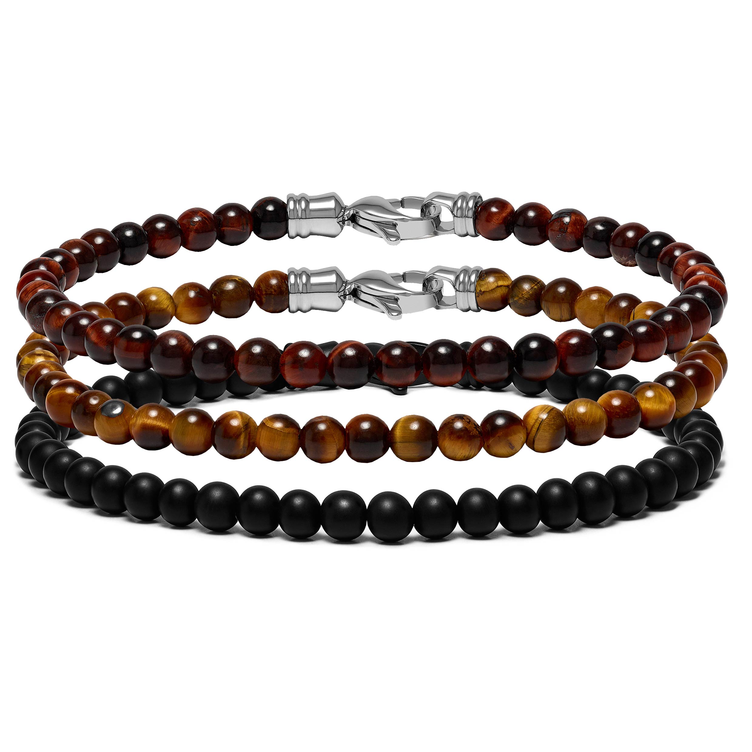 Close up of 4mm Spiritual Bead Set Triple Stack bracelet in neutral tones