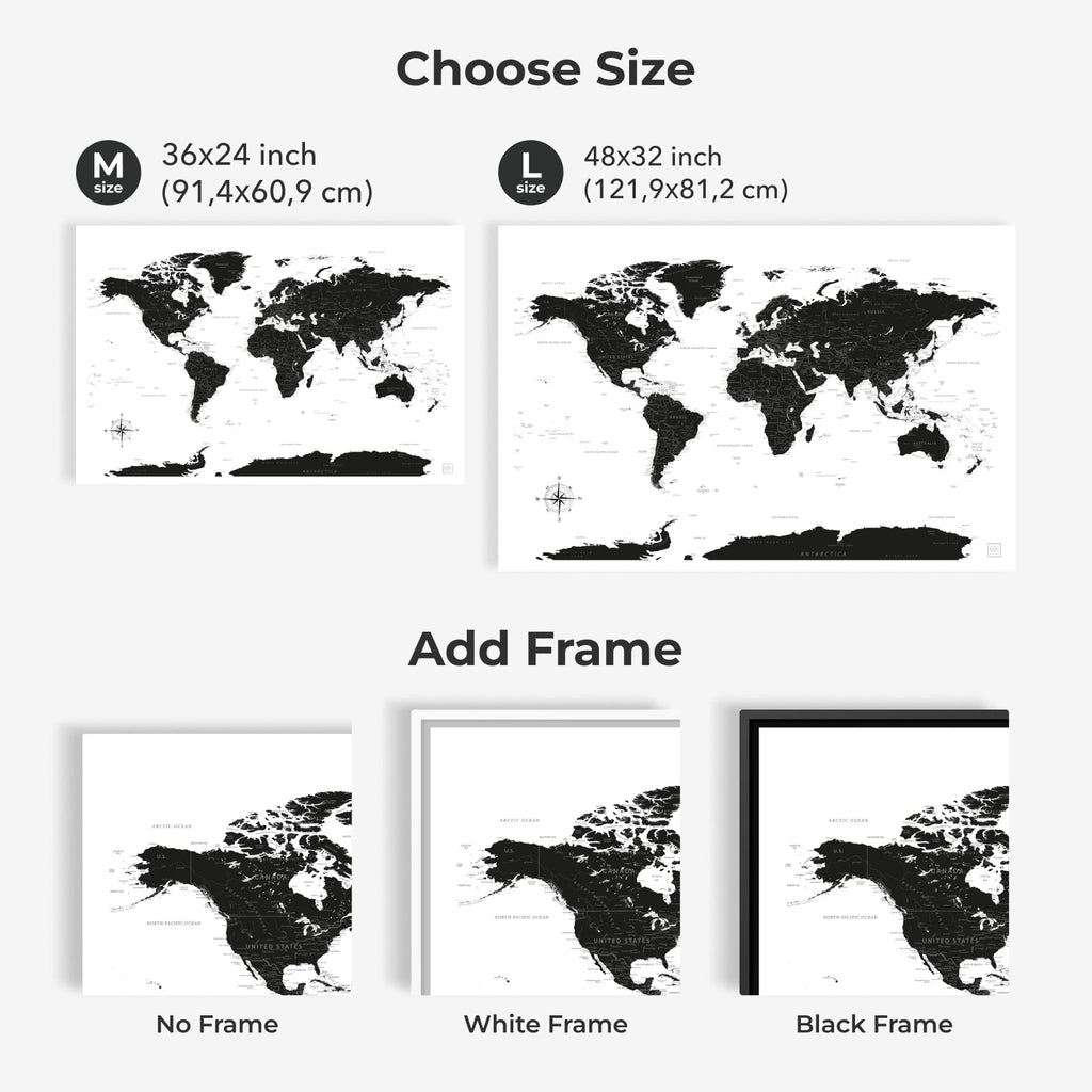Onyx World Map Canvas Wall Art, Minimalist Decor