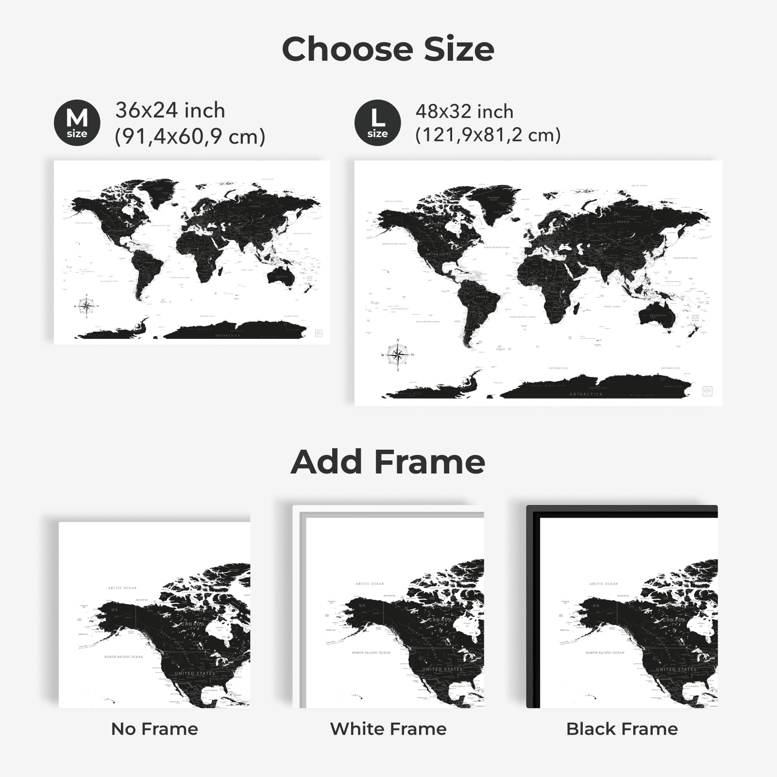 Onyx World Map Canvas Wall Art, Minimalist Decor