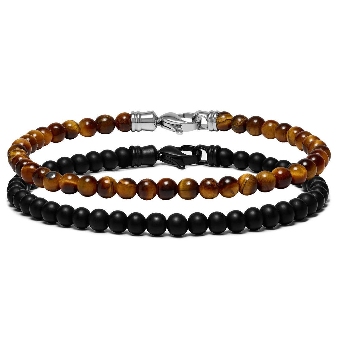 Close up of a 4mm Onyx and Tiger Eye bead bracelet set for men and women