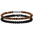 Close up of a 4mm Onyx and Tiger Eye bead bracelet set for men and women