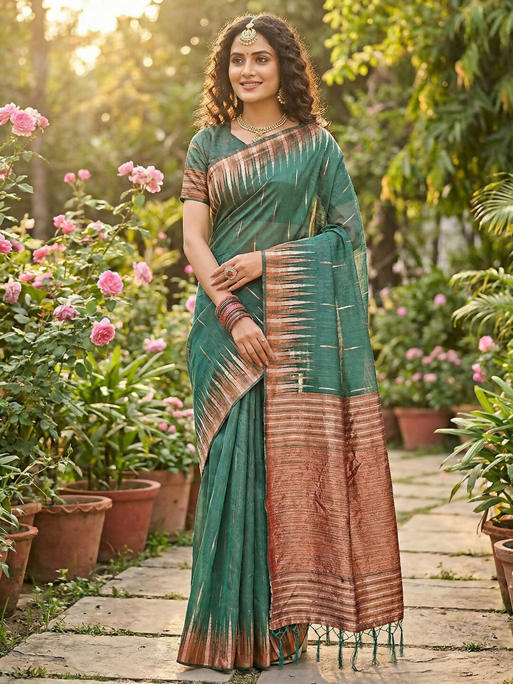 Shree Shyam Fashion green linen cotton saree with matching blouse fabric