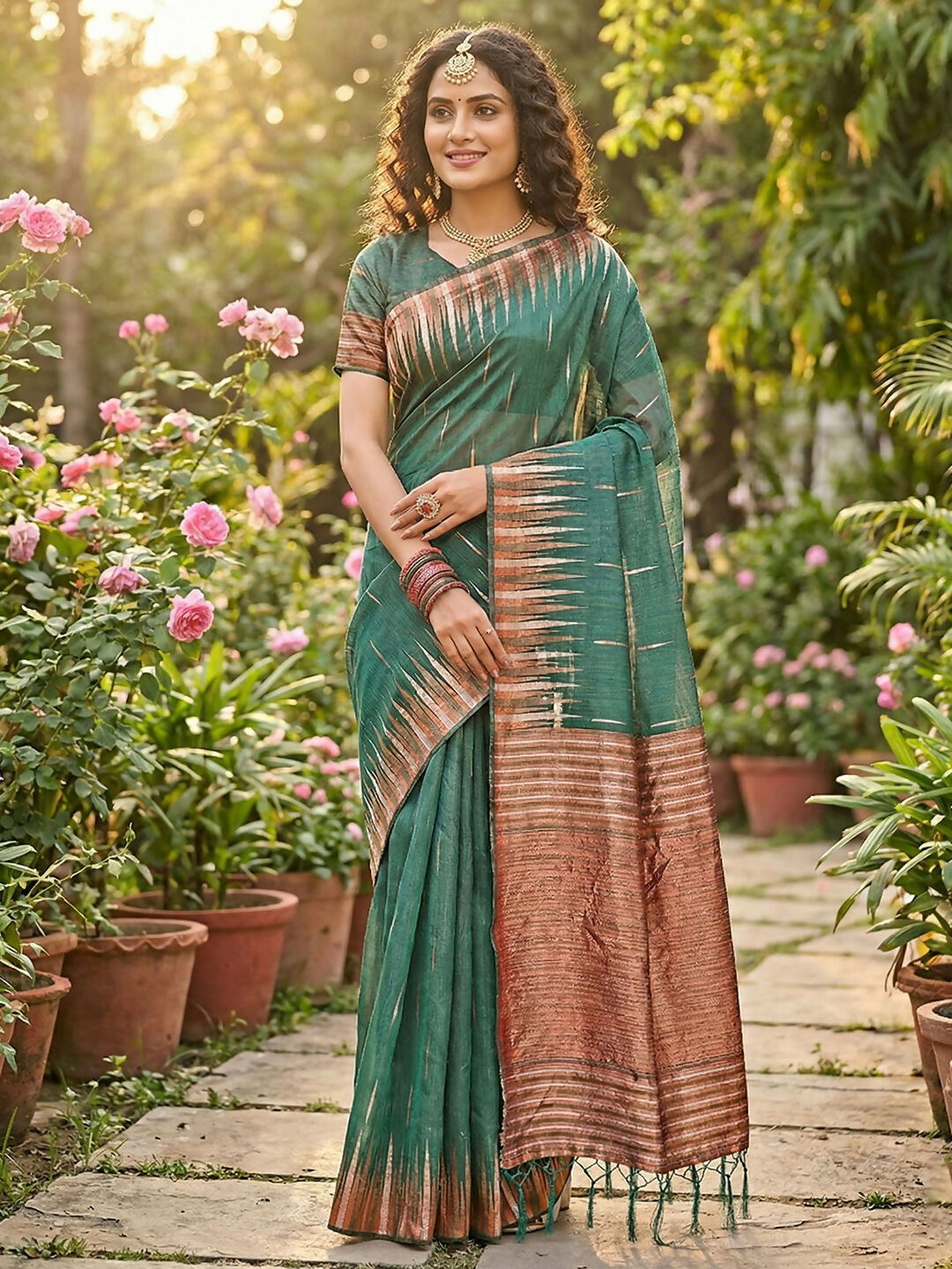 Shree Shyam Fashion green linen cotton saree with matching blouse fabric