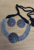 Oxidised silver-plated brass Kundan choker with multi-colored stones
