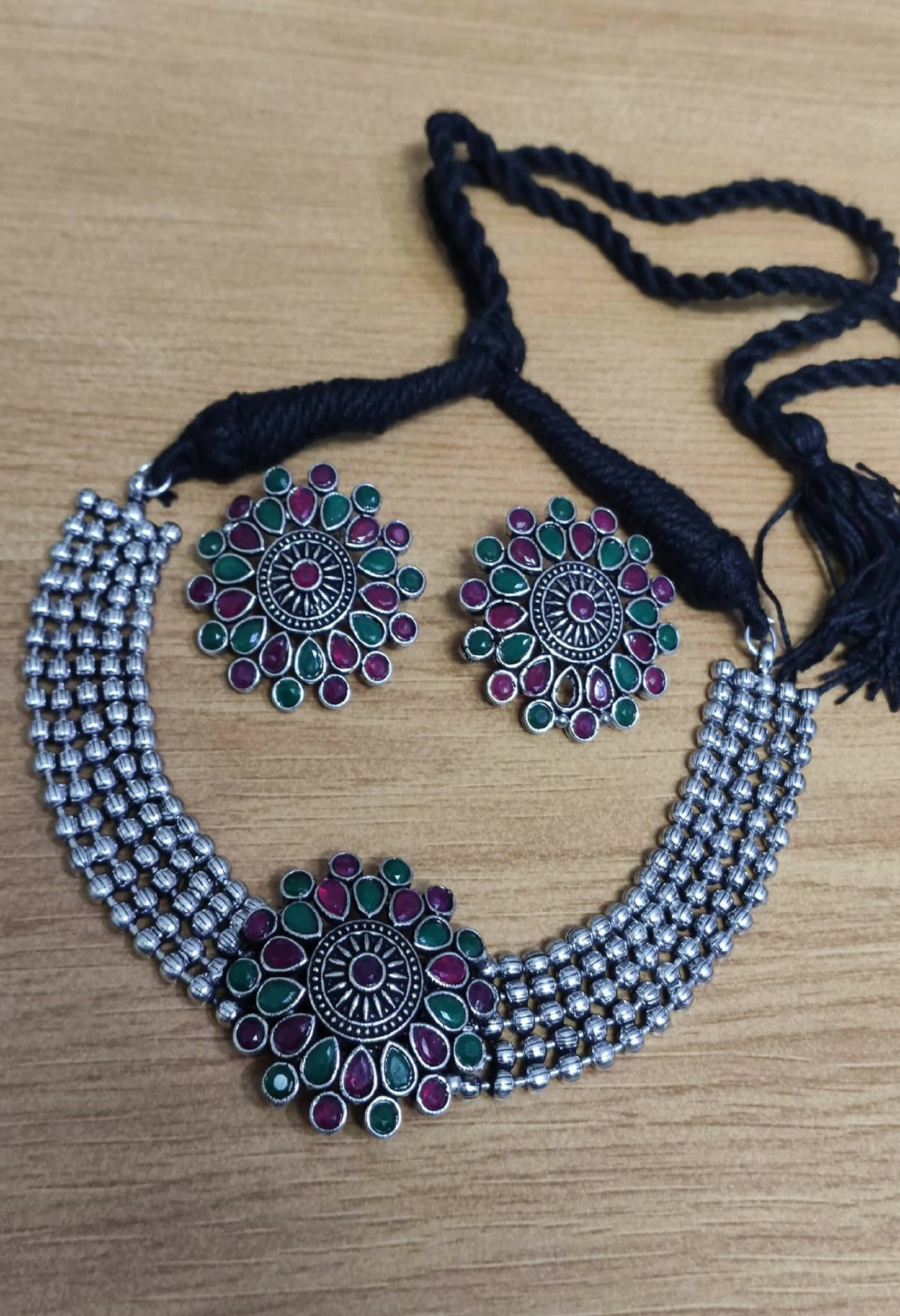Oxidised silver-plated brass Kundan choker with multi-colored stones