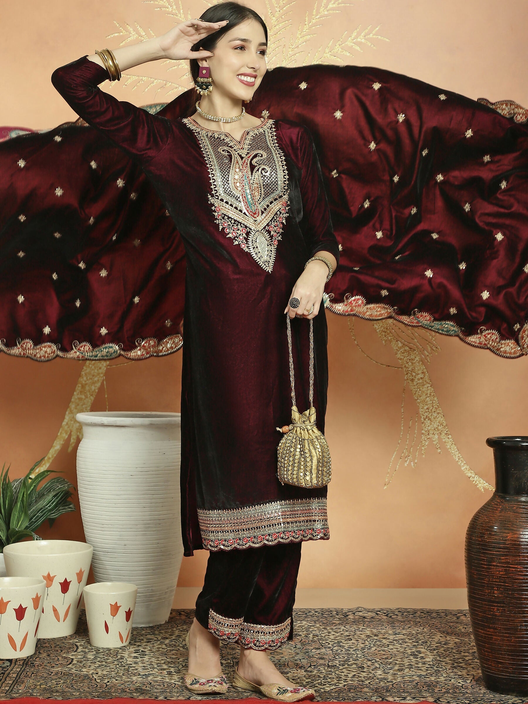 Maroon Velvet Straight Kurta Set with Cording, Resham & Sequin