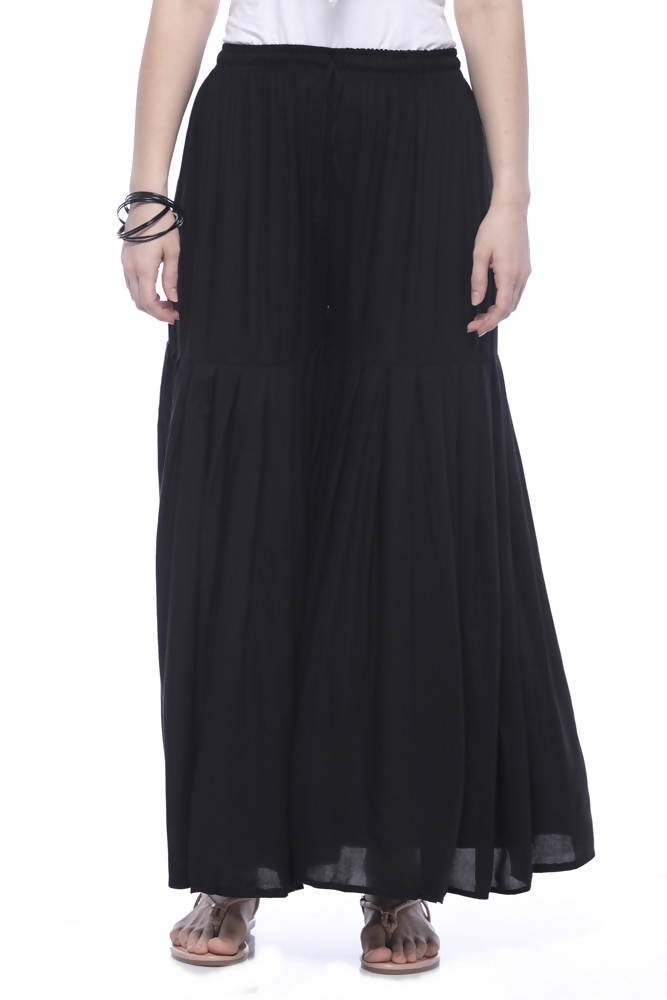 Girls black rayon cotton palazzo pants with string closure and over-lock gharara pattern