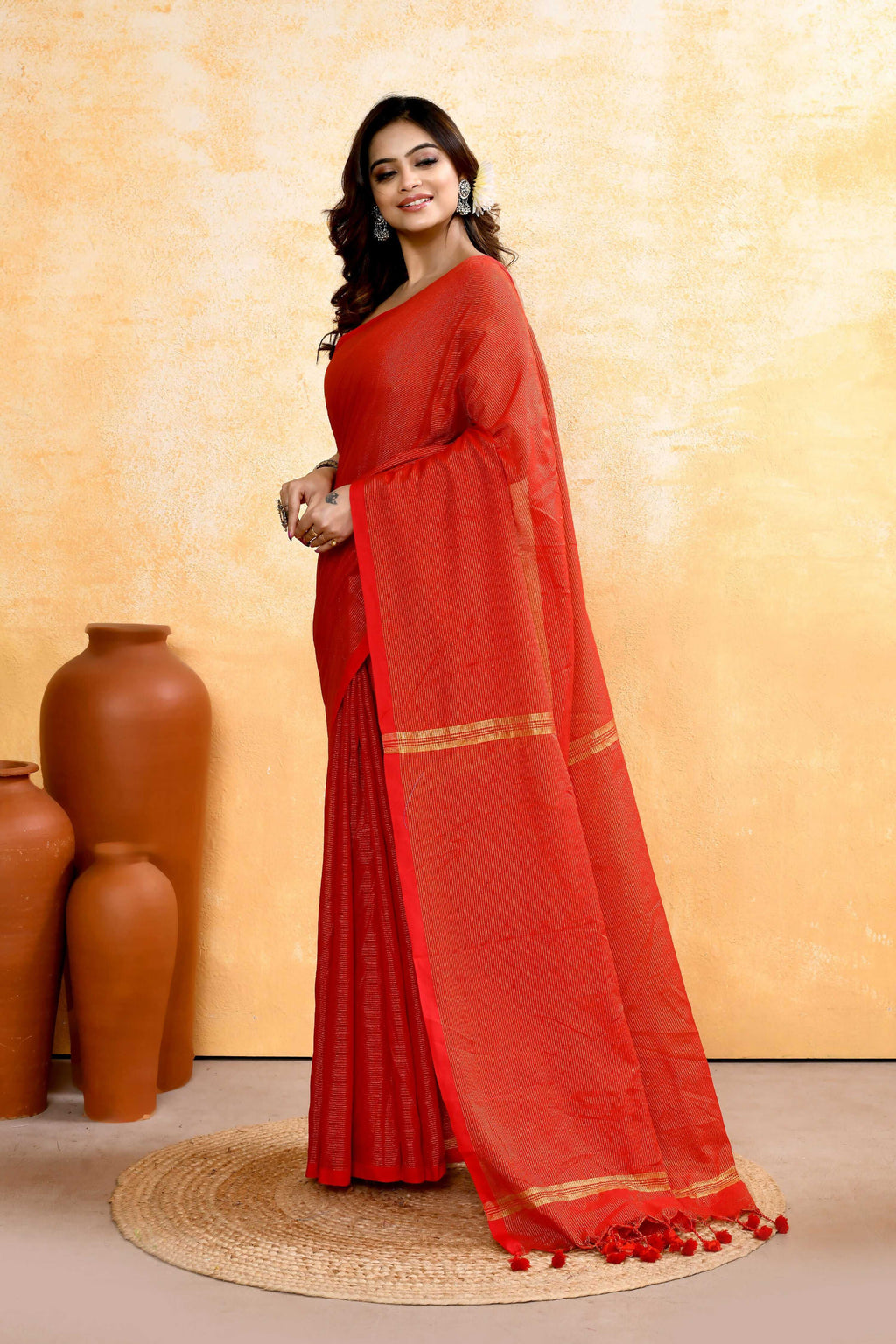 Red Embellished Cotton Blend Zari Check Handloom Saree for Women