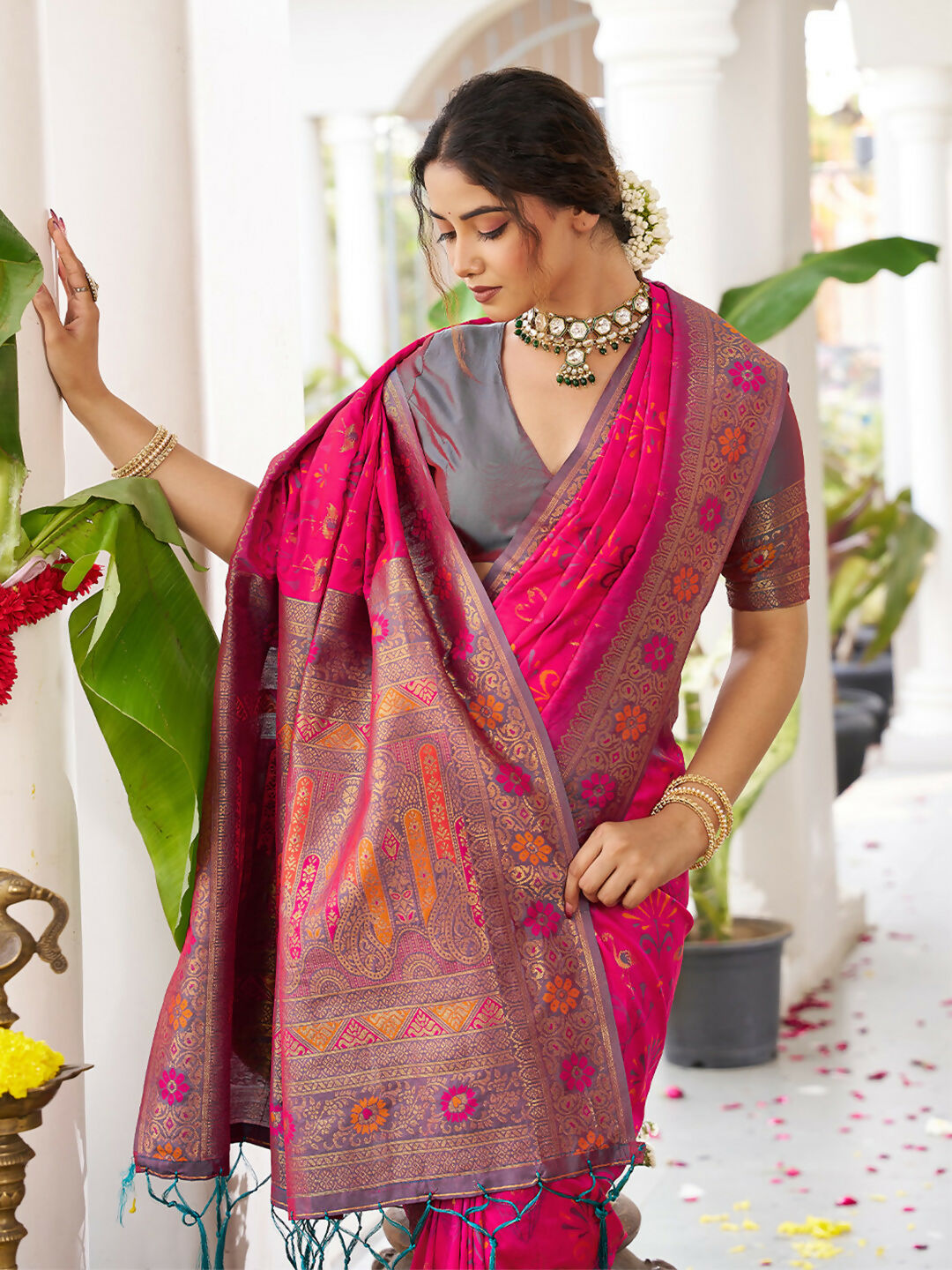 Pink Soft Silk Saree with Grey Blouse