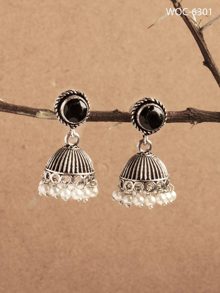 Johar Kamal Oxidised Silver Jhumka Earrings with Black Stone Accent