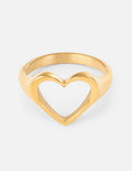 Minimalist open heart gold ring for women on a white background