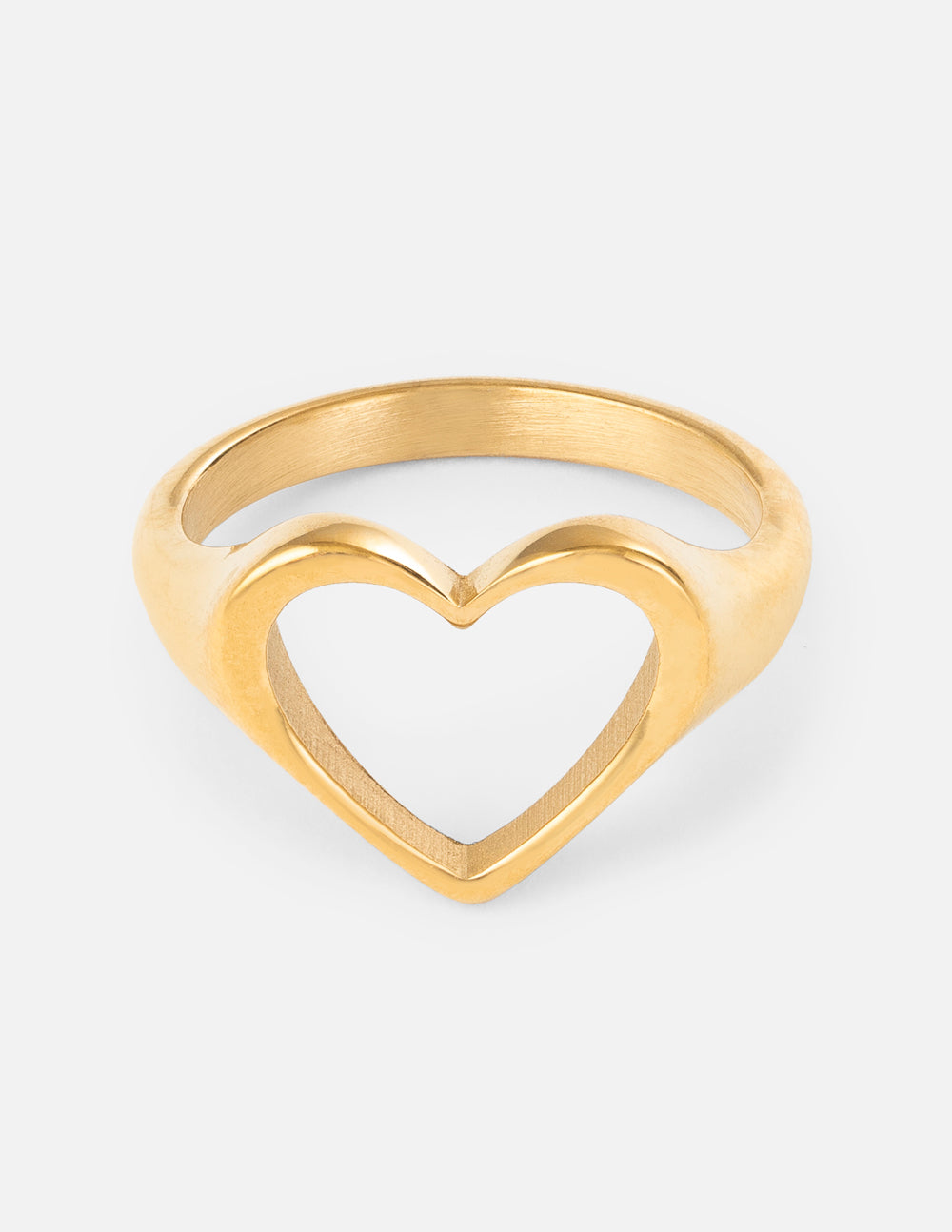 Minimalist open heart gold ring for women on a white background