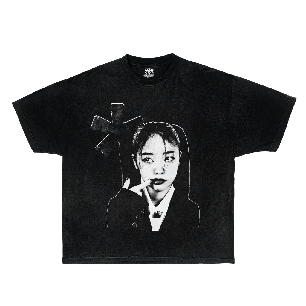 Front view of a black streetwear t-shirt featuring a portrait graphic of a woman and a star symbol in the style of Opium fashion.