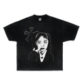 Front view of a black streetwear t-shirt featuring a portrait graphic of a woman and a star symbol in the style of Opium fashion.