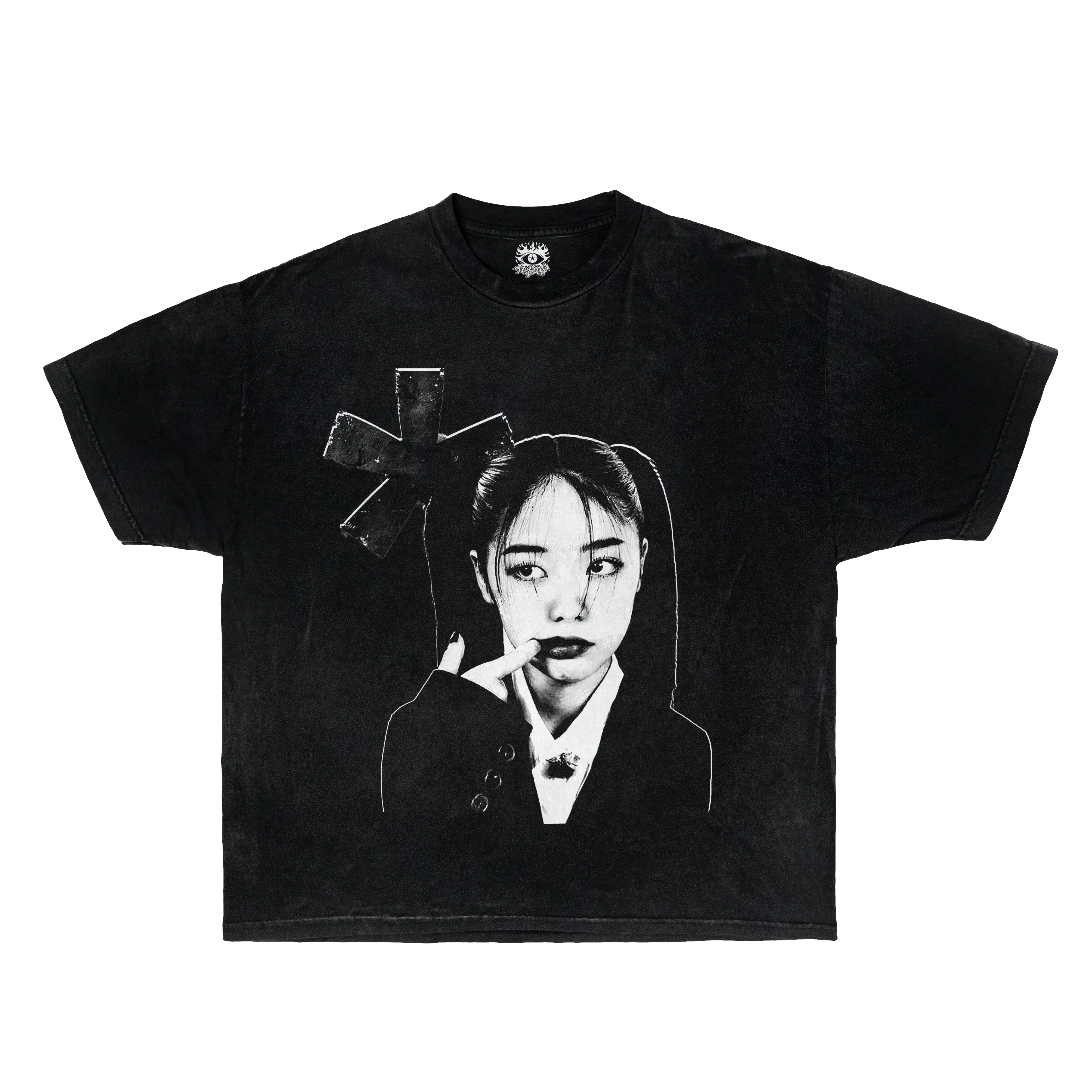 Front view of a black streetwear t-shirt featuring a portrait graphic of a woman and a star symbol in the style of Opium fashion.