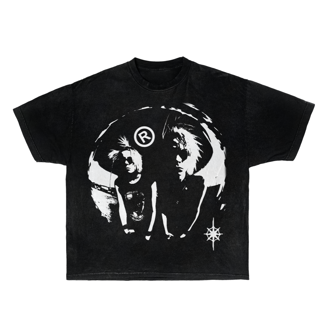 Front and back view of a black short-sleeved crewneck t-shirt featuring a white punk rock graphic print on the center chest.