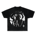 Front and back view of a black short-sleeved crewneck t-shirt featuring a white punk rock graphic print on the center chest.