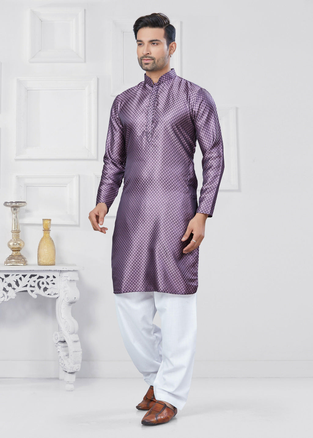 Boys Purple Jacquard Silk Kurta Pyjama Ethnic Set for Festivals