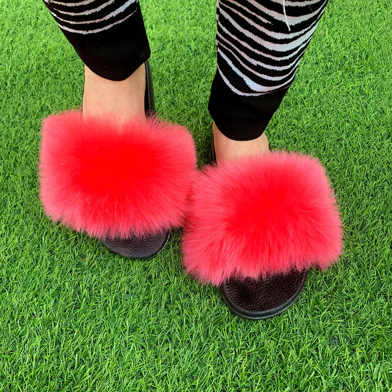 Women's Multicolored Faux Fur Flat Slippers Cozy Open Toe Slides - Image 49