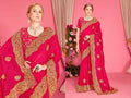 Rani Fendi two-tone silk saree with intricate gold zari embroidery and heavy zircon stone embellishments