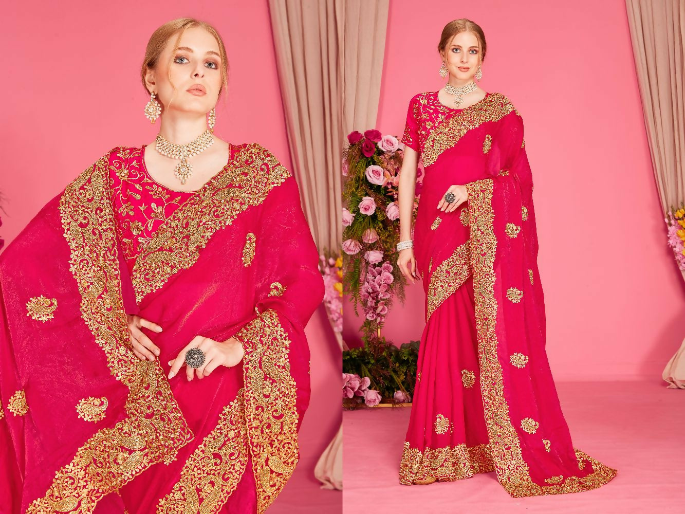 Rani Fendi two-tone silk saree with intricate gold zari embroidery and heavy zircon stone embellishments