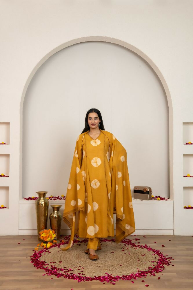 Mustard Yellow Tie & Dye Cotton Suit Set for Women