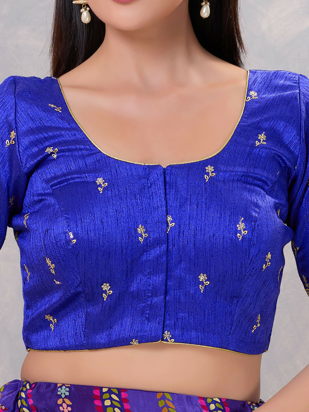 Women's Royal-Blue Silk Stitched Blouse Minimalist Style