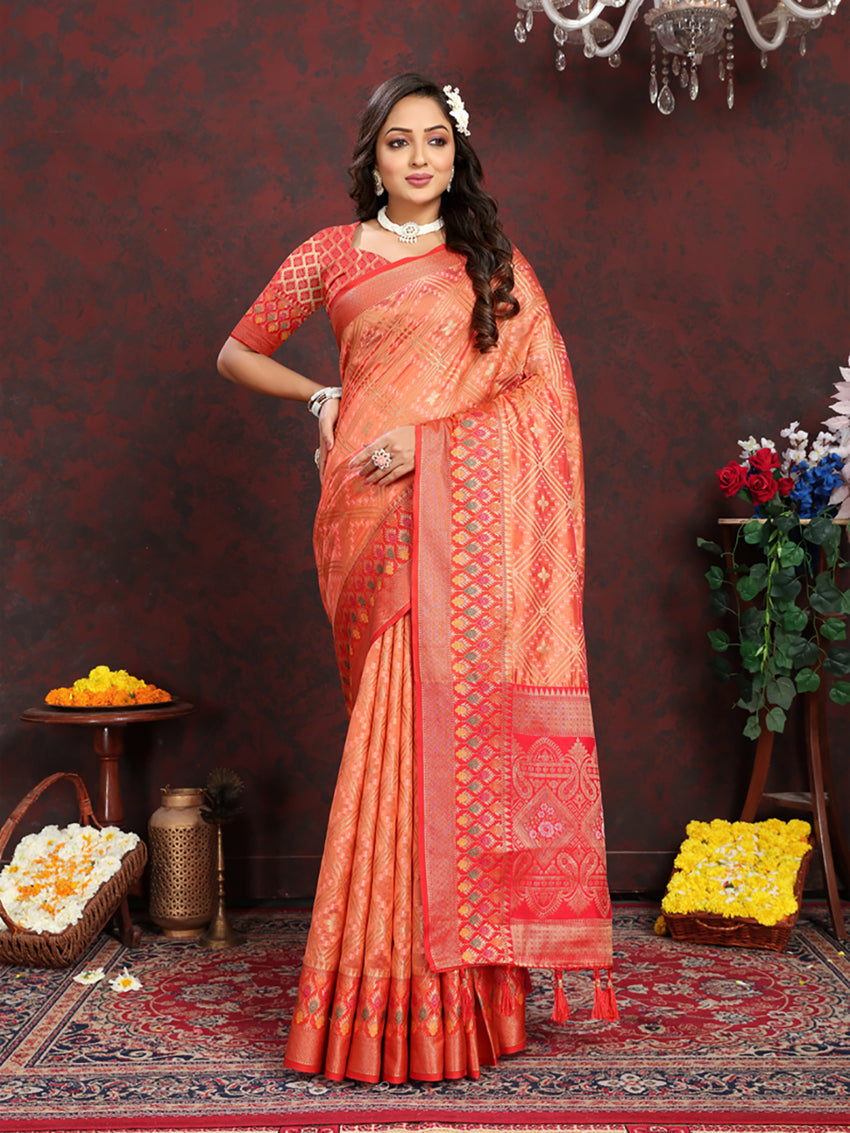 Elegant orange organza silk saree with detailed meenakari weaving on the pallu.