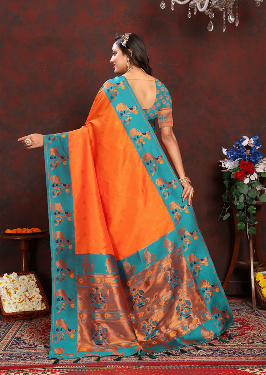 Orange Soft Paithani Silk Saree with Zari Meenakari