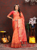 Orange Organza silk saree with detailed Meenakari woven pallu and matching blouse piece
