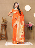 Orange Soft Paithani Silk Saree with intricate gold zari and Meenakari weaving pattern