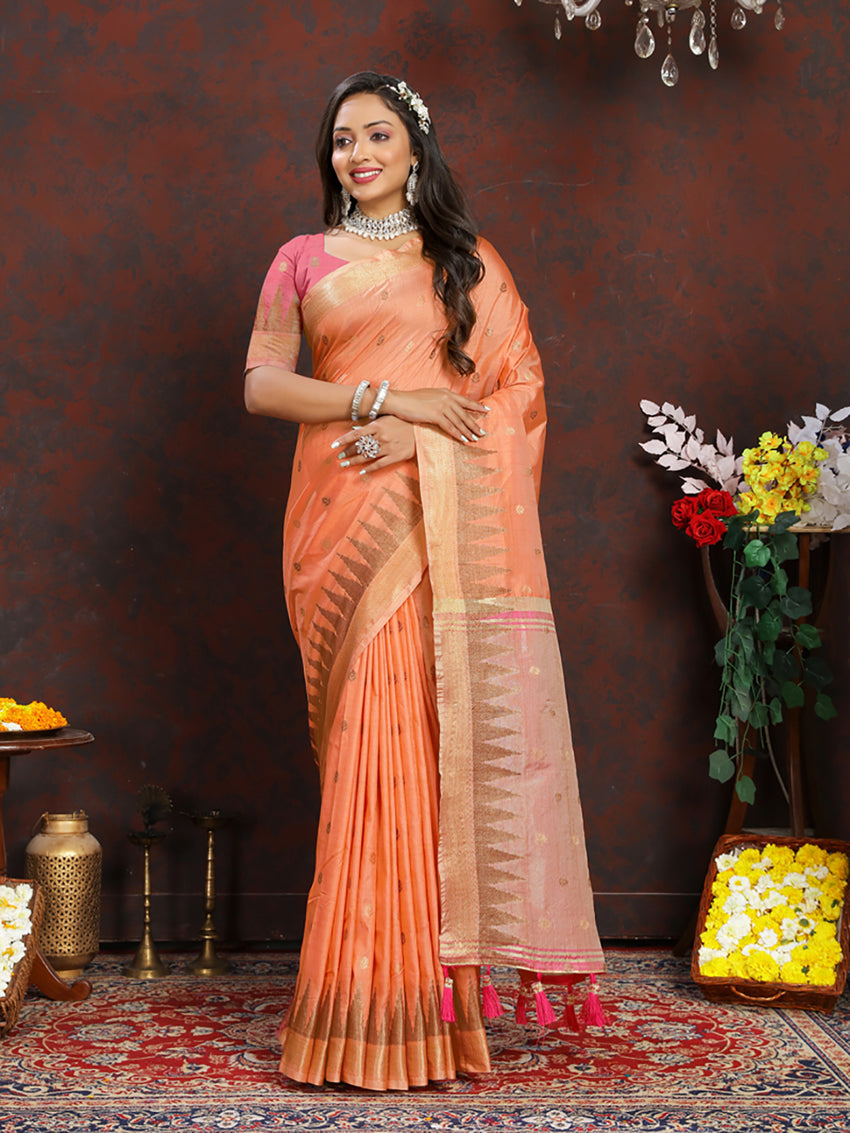 Elegant orange Katan silk saree with gold Zari woven pallu and matching blouse piece.