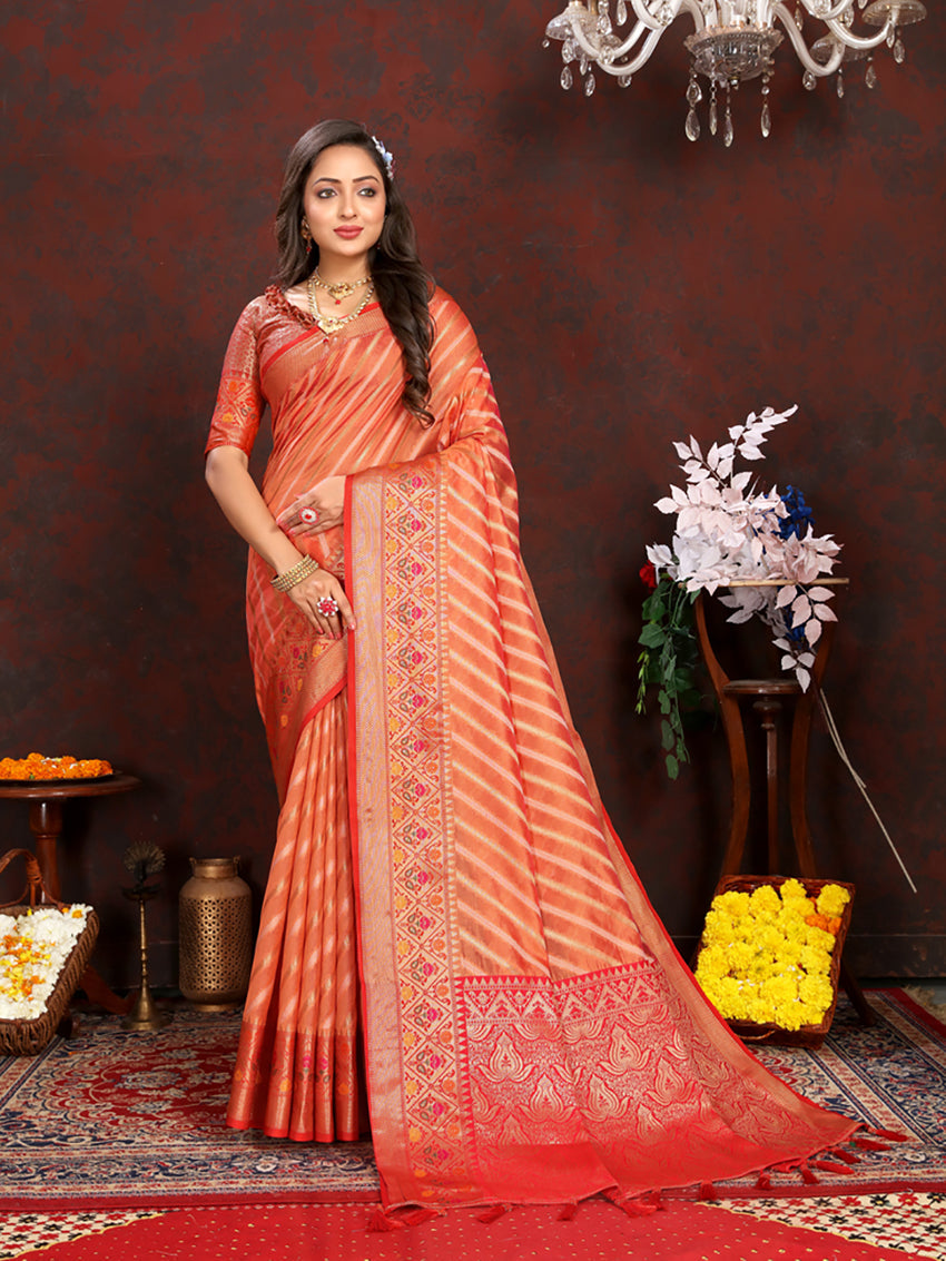 Orange Organza Silk Saree with Rich Meenakari Weaving Pallu