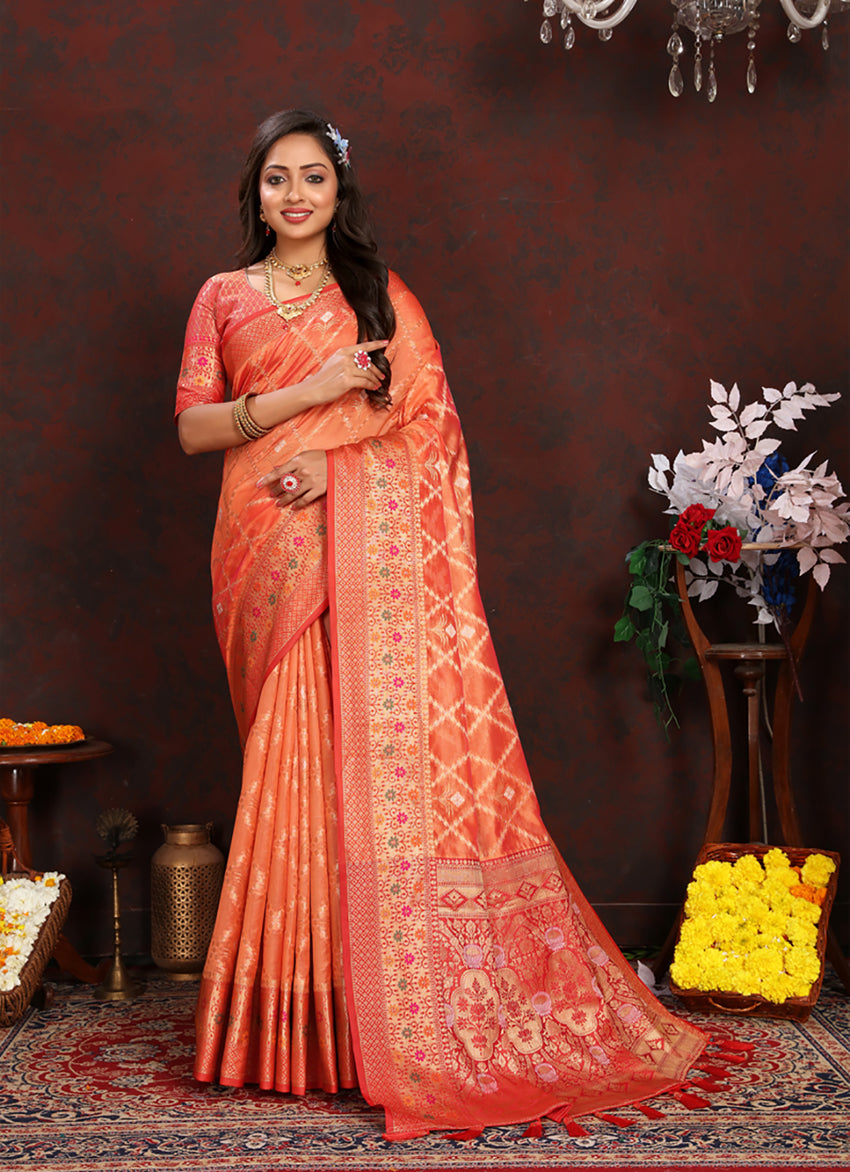 Lorenvalley Fashion Orange Organza Silk Woven Design with Rich Meenakari Weaving Pallu Saree