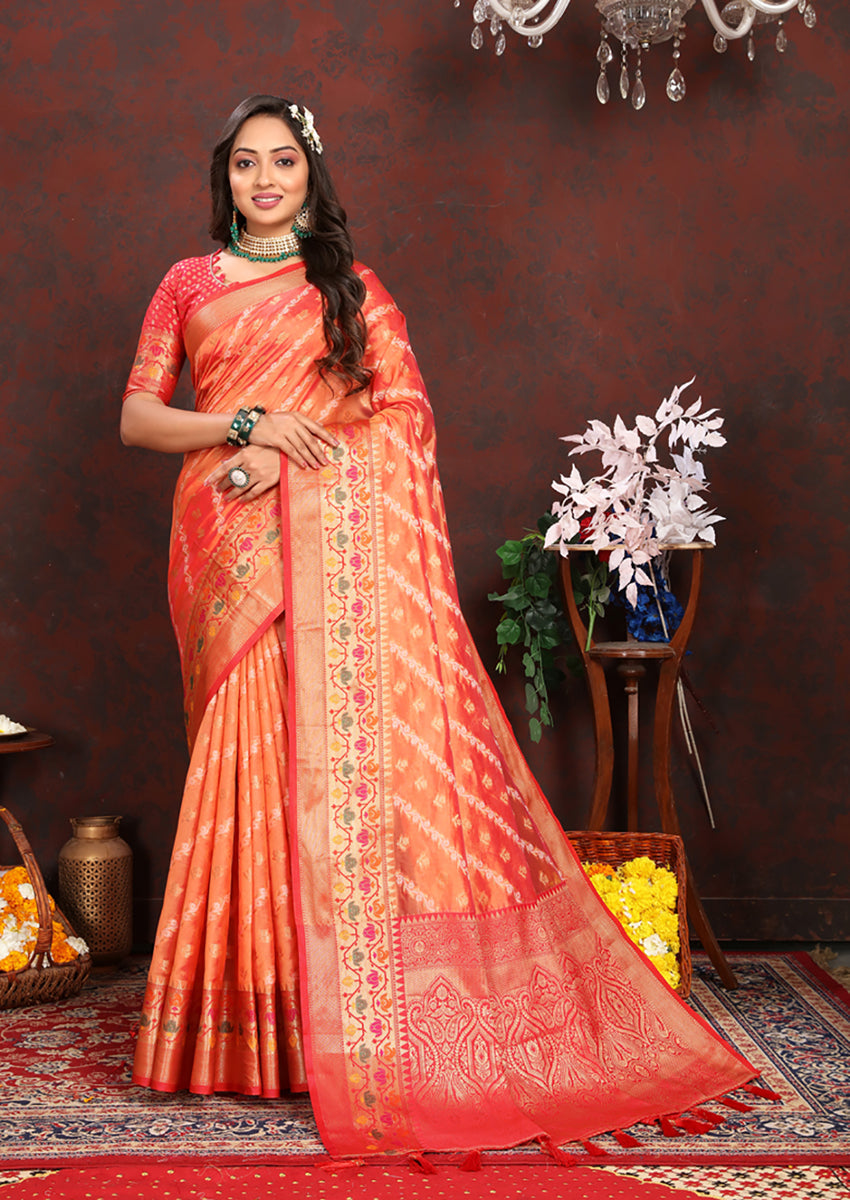 Orange Organza Silk Saree with Meenakari Woven Pallu