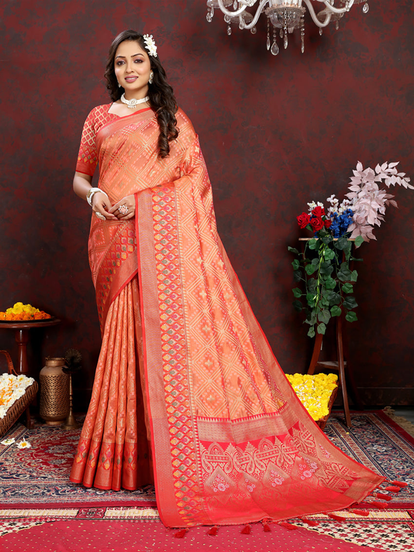 Orange Organza Silk Saree with Meenakari Woven Pallu