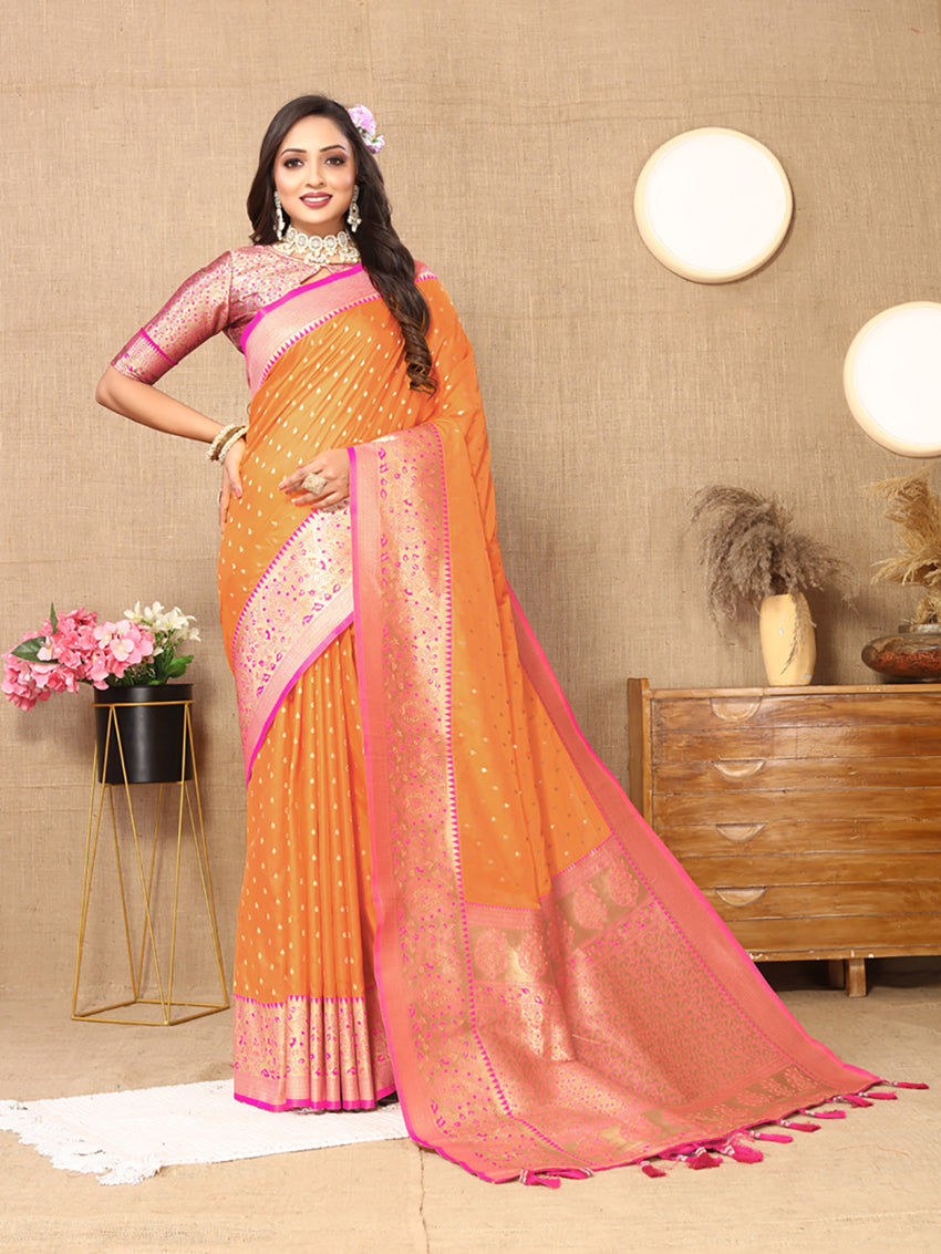 Orange Soft Silk Saree with Rich Zari Weaving Design